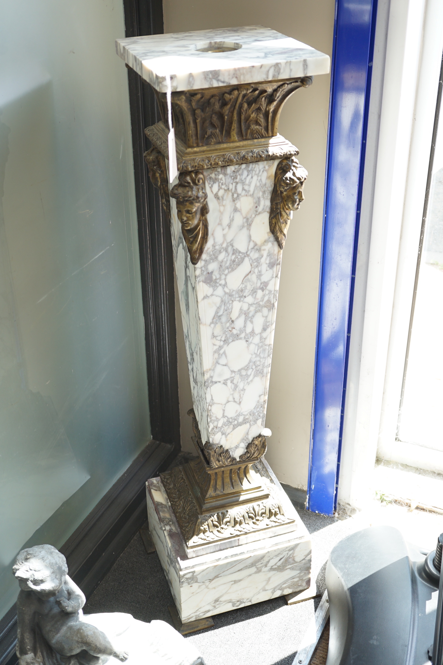 A gilt metal mounted reconstituted marble pedestal, height 113cm